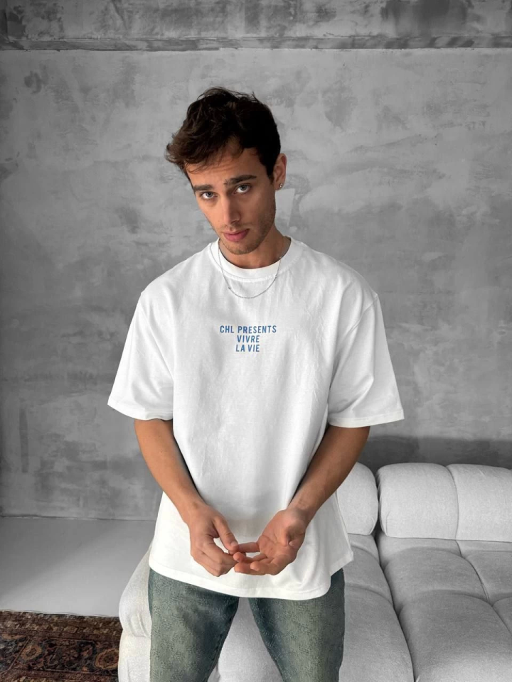 Ön Ve Arka Baskılı Oversize Bisiklet Yaka T-shirt- Beyaz - Görsel 2