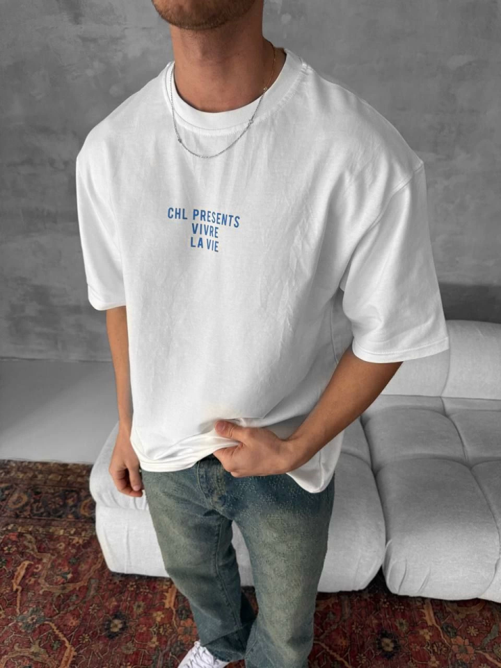 Ön Ve Arka Baskılı Oversize Bisiklet Yaka T-shirt- Beyaz - Görsel 3