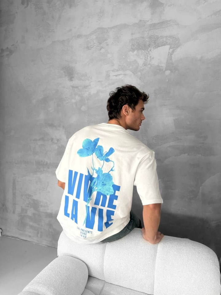 Ön Ve Arka Baskılı Oversize Bisiklet Yaka T-shirt- Beyaz - Görsel 4