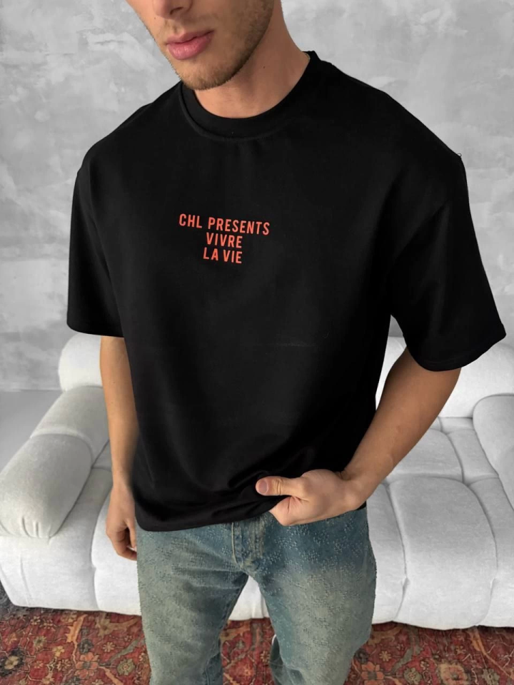 Ön Ve Arka Baskılı Oversize Bisiklet Yaka T-shirt- Siyah - Görsel 2