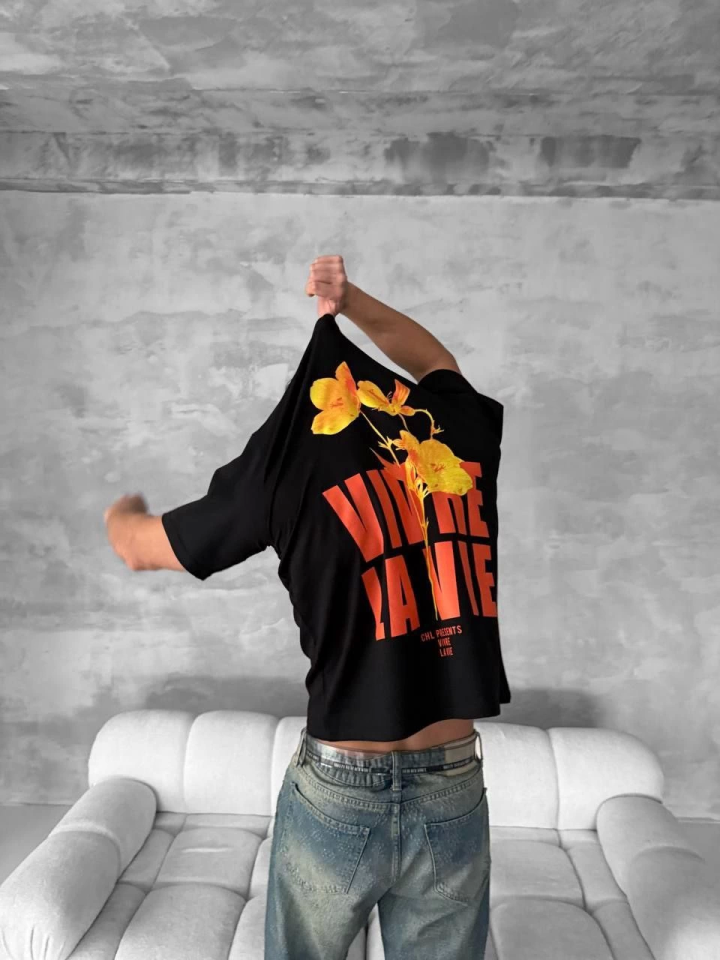 Ön Ve Arka Baskılı Oversize Bisiklet Yaka T-shirt- Siyah - Görsel 4