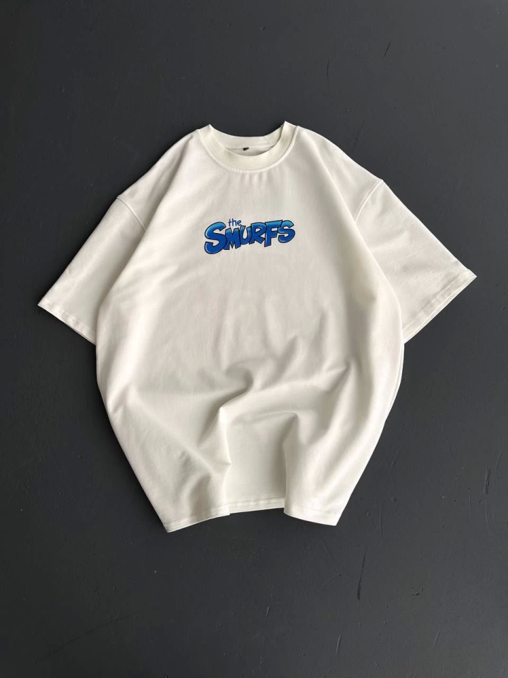 Ön Ve Arka Baskılı Oversize Bisiklet Yaka T-shirt- Beyaz - Görsel 2