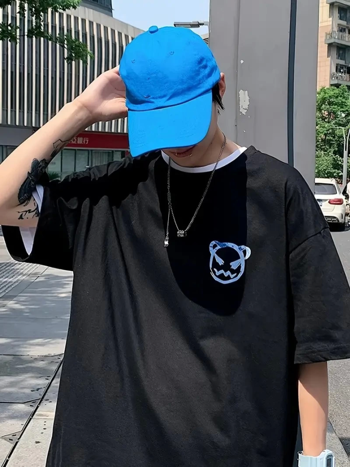 Baskılı Oversize Bisiklet Yaka T-shirt - Siyah - Görsel 3