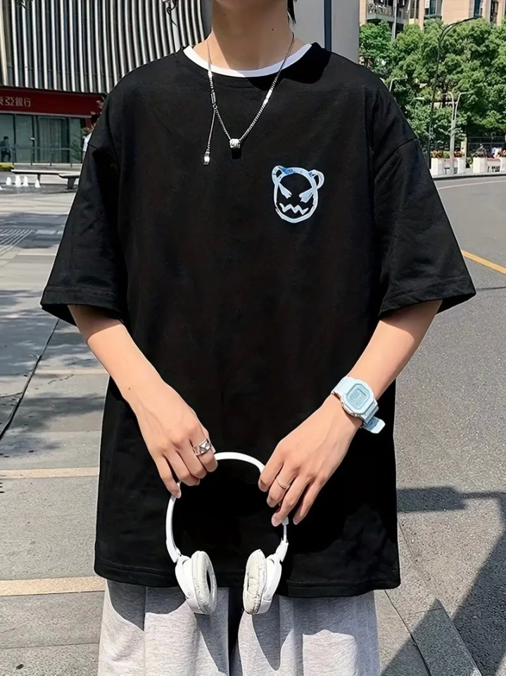Baskılı Oversize Bisiklet Yaka T-shirt - Siyah - Görsel 4