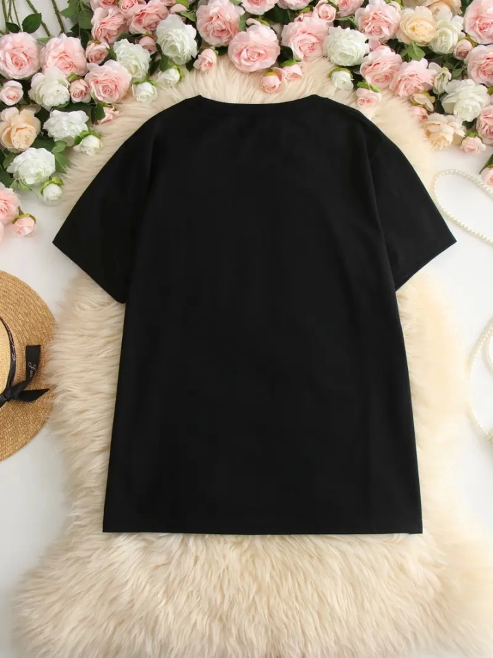 Baskılı Oversize Bisiklet Yaka T-shirt – Siyah