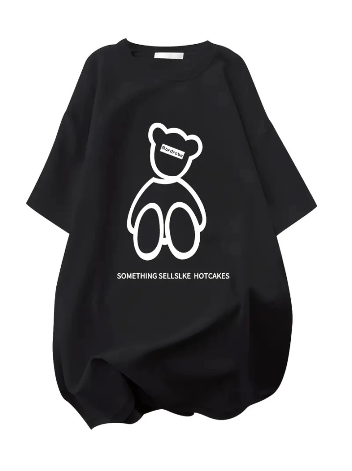 Baskılı Oversize Bisiklet Yaka T-shirt – Siyah