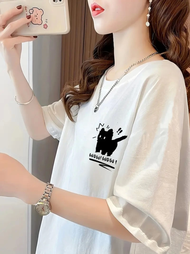 Baskılı Oversize Bisiklet Yaka T-shirt – Beyaz