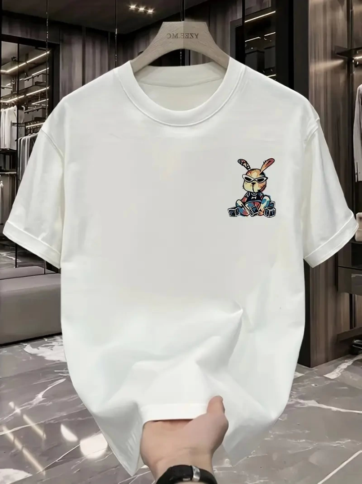Baskılı Oversize Bisiklet Yaka T-shirt – Beyaz