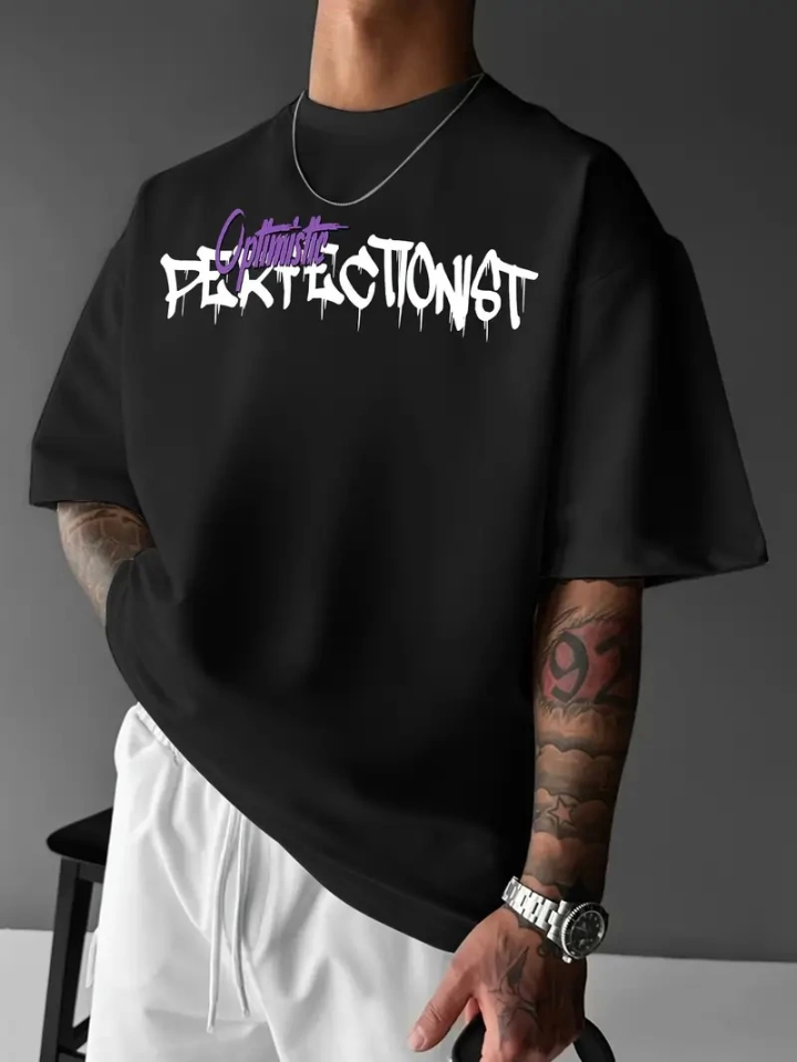 Baskılı Oversize Bisiklet Yaka T-shirt – Siyah