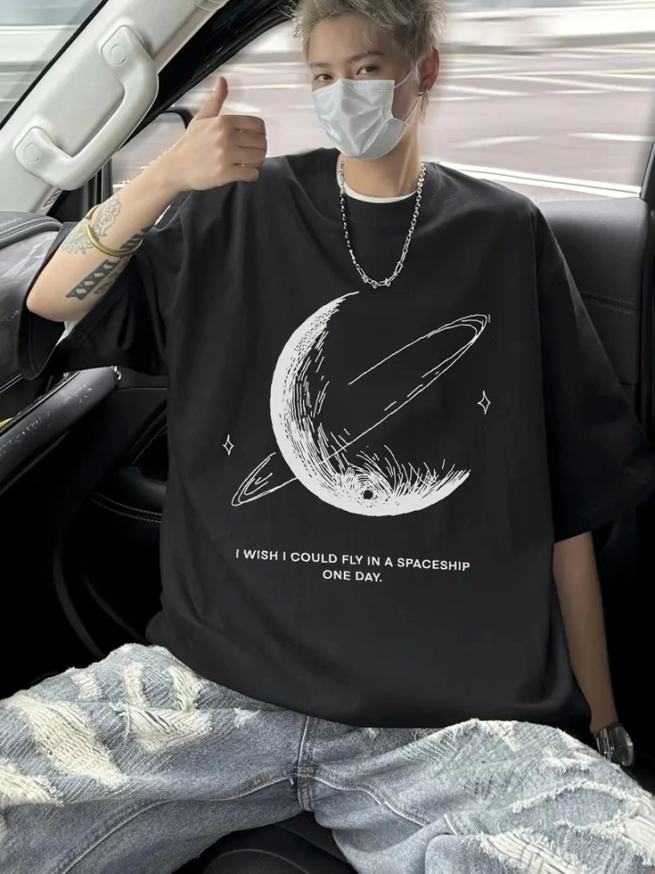 Baskılı Oversize Bisiklet Yaka T-shirt – Siyah