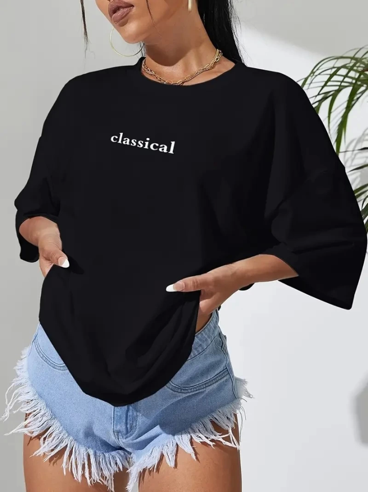 Baskılı Oversize Bisiklet Yaka T-shirt – Siyah