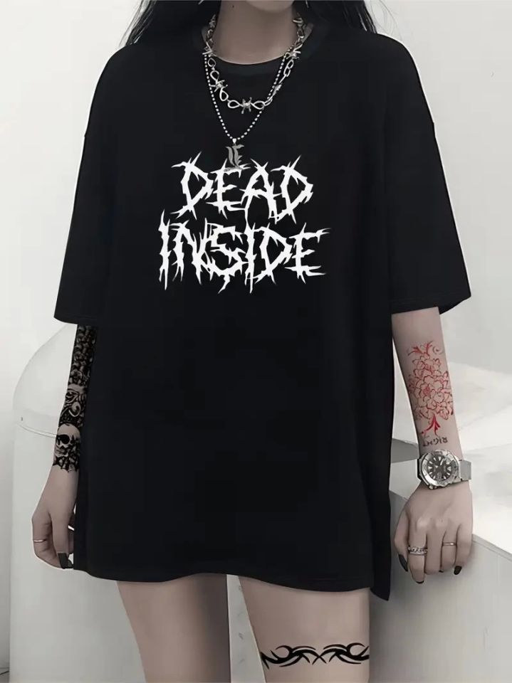 Baskılı Oversize Bisiklet Yaka T-shirt – Siyah
