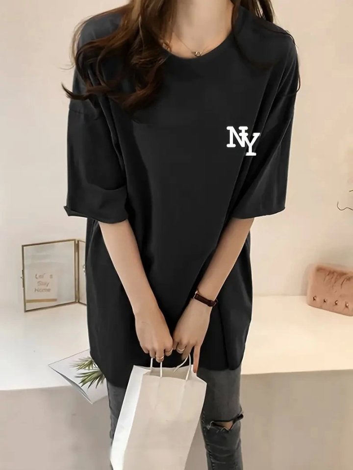 Baskılı Oversize Bisiklet Yaka T-shirt – Siyah