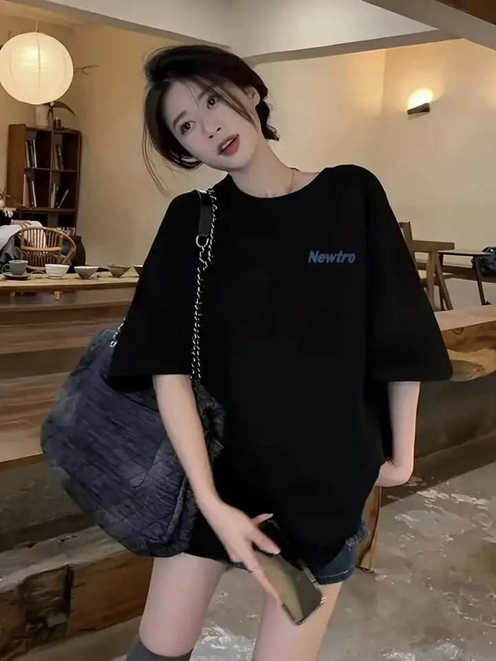 Baskılı Oversize Bisiklet Yaka T-shirt – Siyah