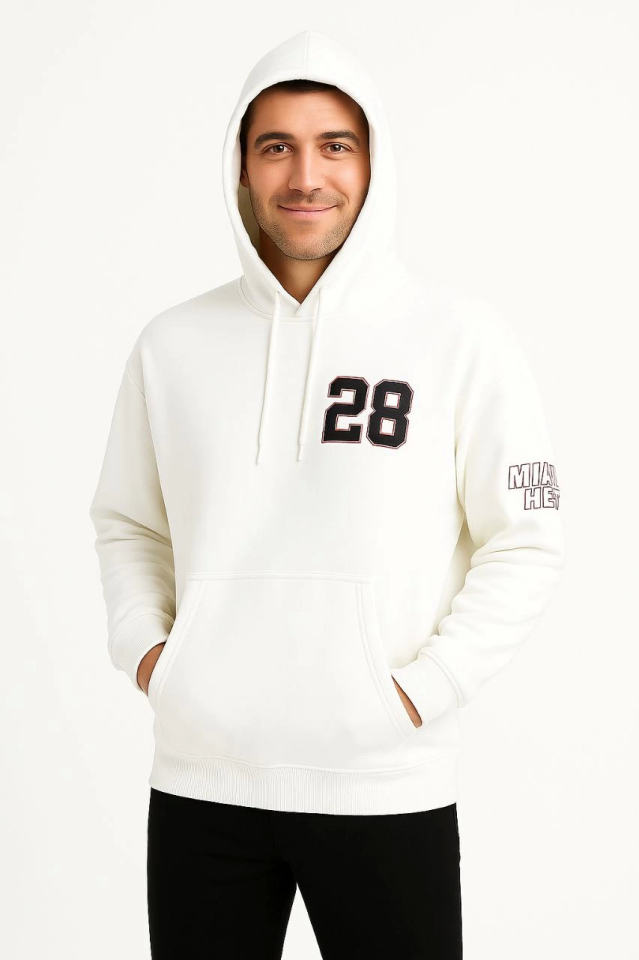 Üç İplik Kapüşonlu Ön Ve Arka Baskılı SweatShirt Hoodie – Beyaz