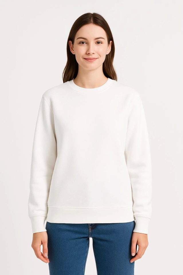 Üç İplik Düz Bisiklet Yaka SweatShirt – Beyaz
