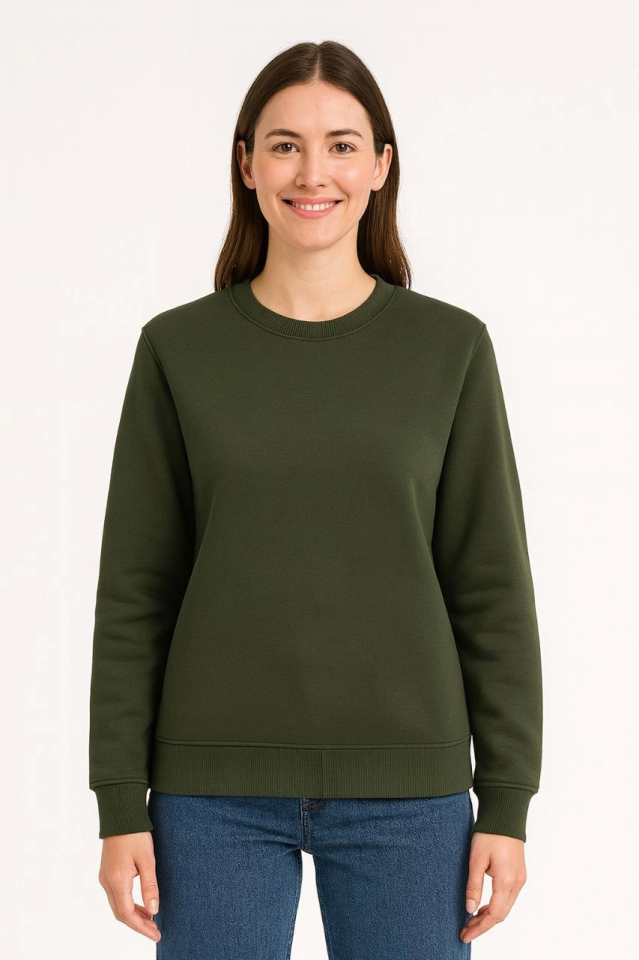 Üç İplik Düz Bisiklet Yaka SweatShirt – Haki