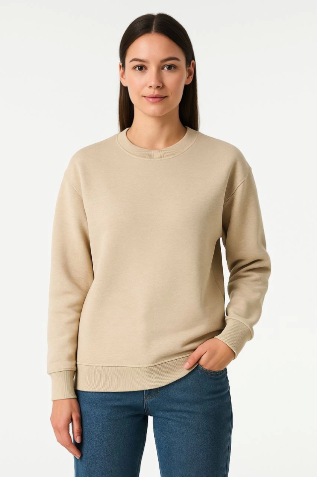 Üç İplik Düz Bisiklet Yaka SweatShirt – Bej