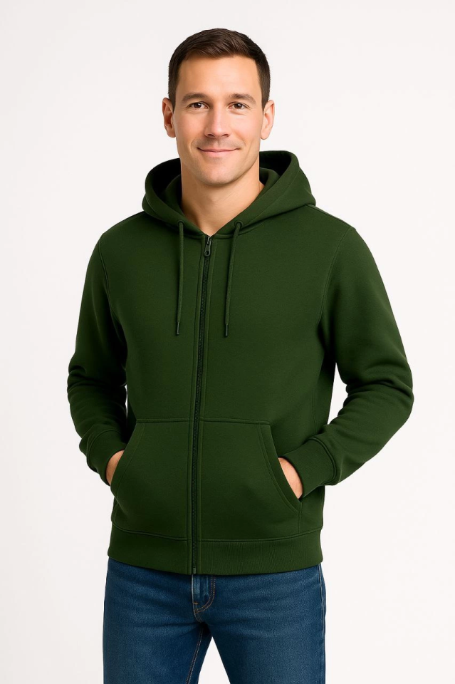 Erkek Üç İplik Kapüşonlu Tam Fermuarlı Kanguru Çepli SweatShirt Hoodie - Haki - Görsel 3