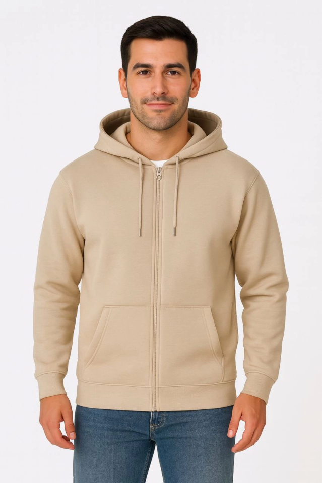 Erkek Üç İplik Kapüşonlu Tam Fermuarlı Kanguru Çepli SweatShirt Hoodie - Bej - Görsel 2