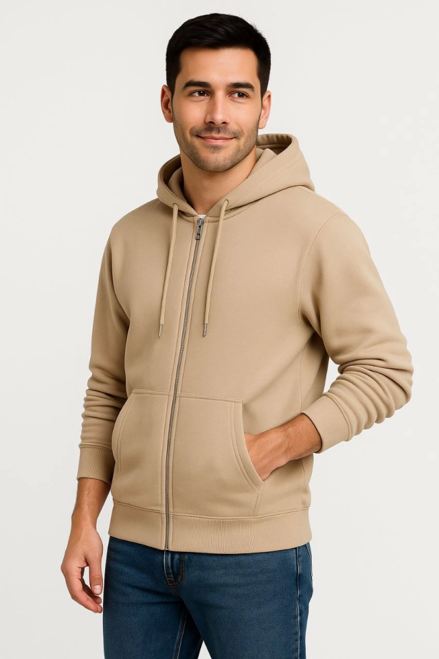 Erkek Üç İplik Kapüşonlu Tam Fermuarlı Kanguru Çepli SweatShirt Hoodie - Bej - Görsel 3