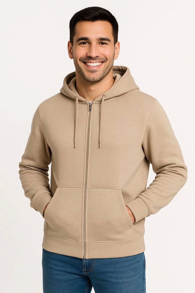 Erkek Üç İplik Kapüşonlu Tam Fermuarlı Kanguru Çepli SweatShirt Hoodie - Bej - Görsel 4
