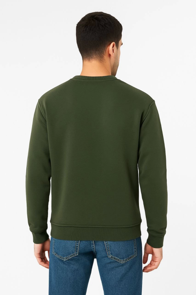 Erkek Üç İplik Düz Bisiklet Yaka SweatShirt - Haki