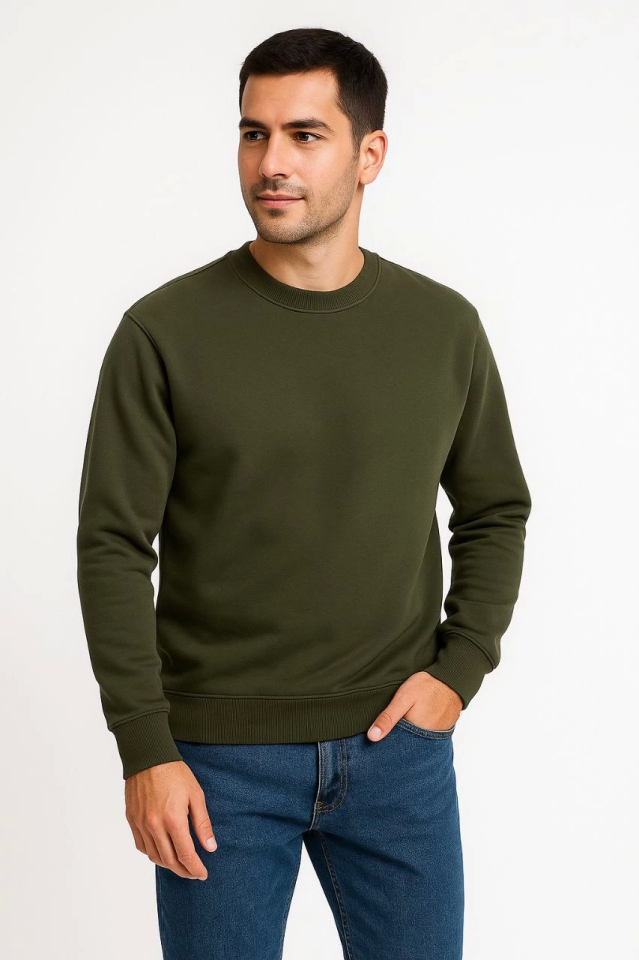 Erkek Üç İplik Düz Bisiklet Yaka SweatShirt - Haki - Görsel 3