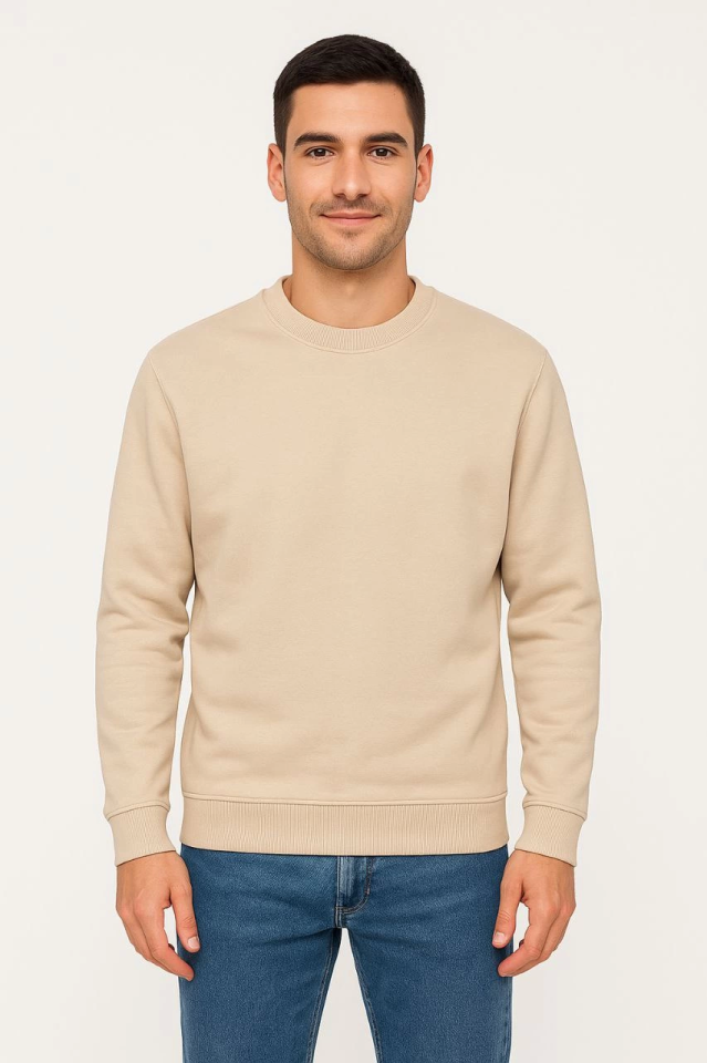 Erkek Üç İplik Düz Bisiklet Yaka SweatShirt - Bej - Görsel 4