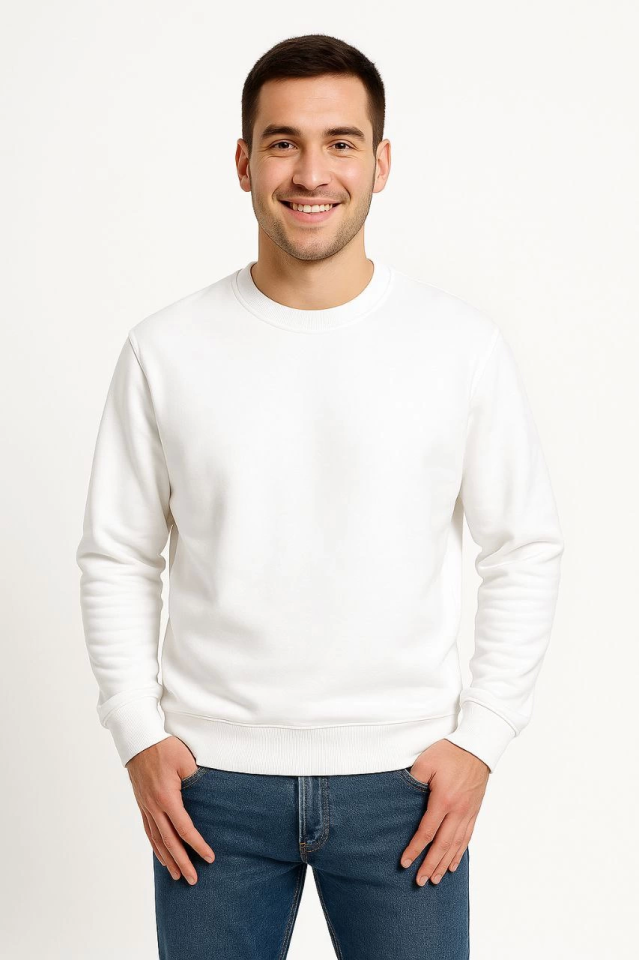 Erkek Üç İplik Düz Bisiklet Yaka SweatShirt - Beyaz - Görsel 3