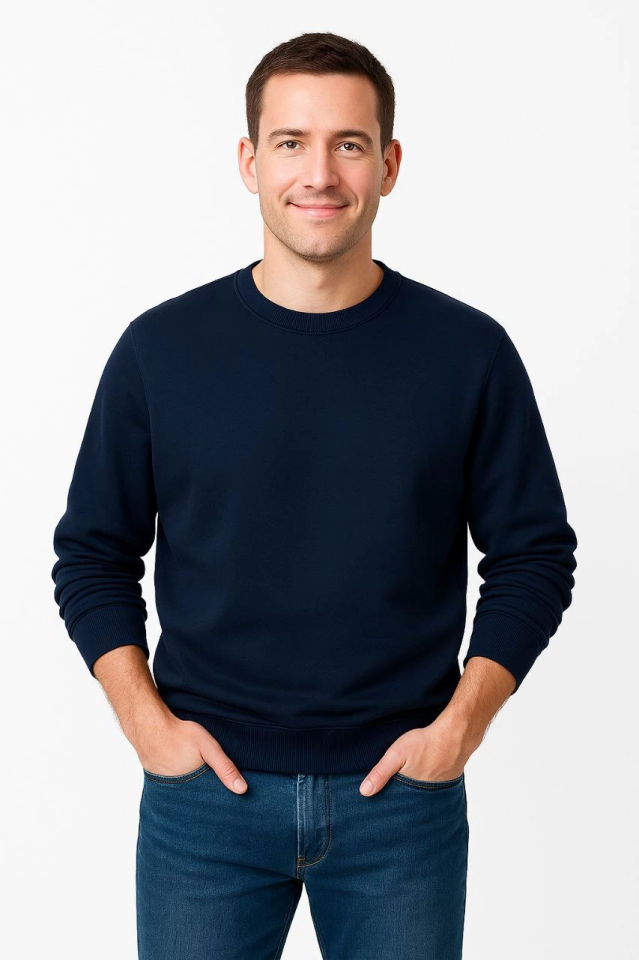 Erkek Üç İplik Düz Bisiklet Yaka SweatShirt - Lacivert - Görsel 3