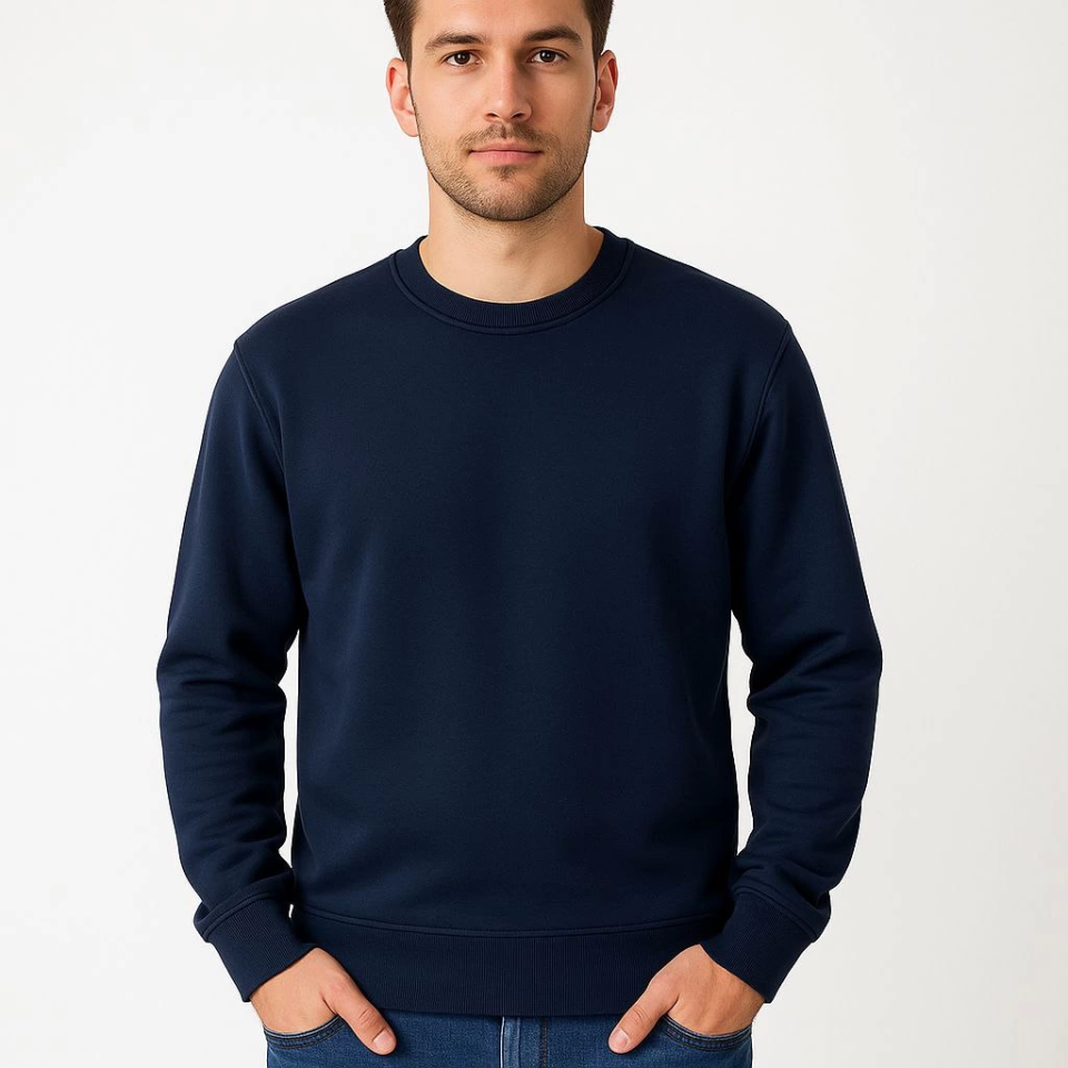 Erkek Üç İplik Düz Bisiklet Yaka SweatShirt - Lacivert - Görsel 4