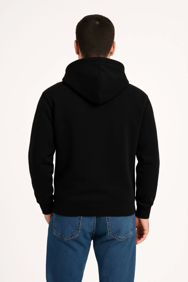 Erkek Üç İplik Kapüşonlu Kanguru Cepli SweatShirt Hoodie - Siyah - Görsel 3