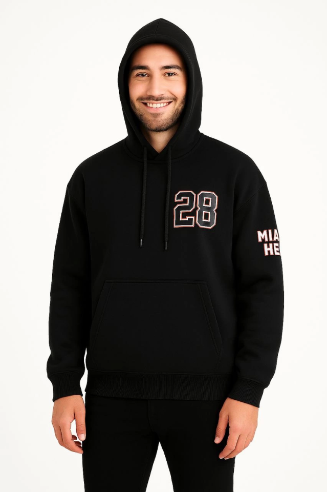 Üç İplik Kapüşonlu Ön Ve Arka Baskılı SweatShirt Hoodie – Siyah
