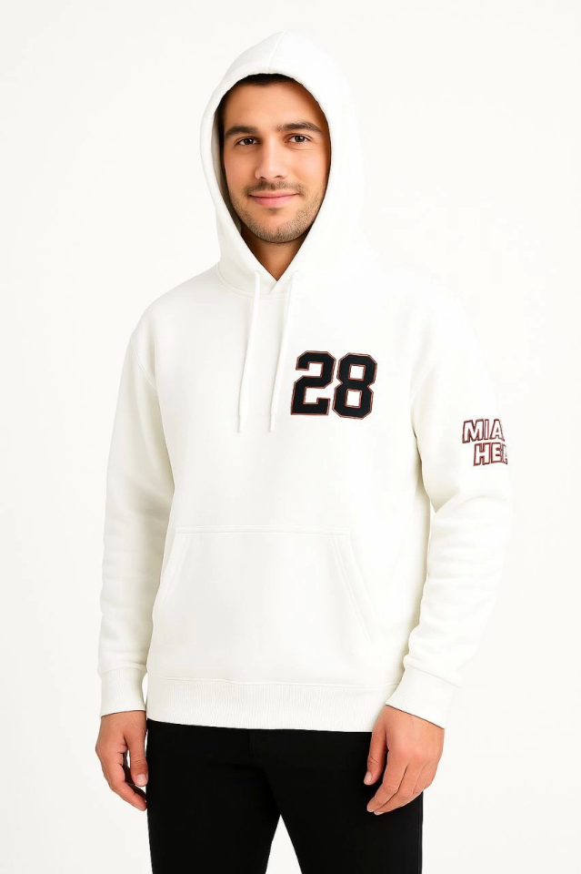 Üç İplik Kapüşonlu Ön Ve Arka Baskılı SweatShirt Hoodie – Beyaz