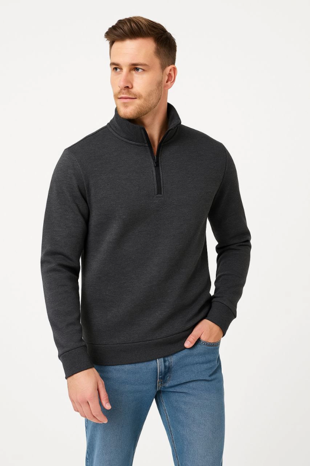Erkek Dik Yaka Sweatshirt Dik Yaka Yarım Fermuarlı 3 İplik Şardonlu Pamuk Kumaş – Antrasit