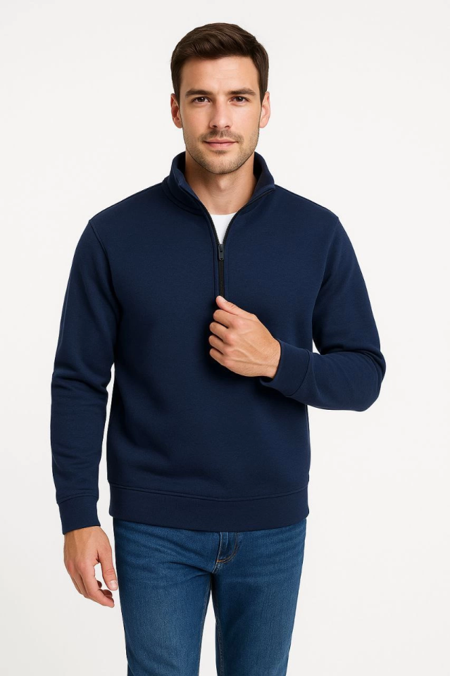 Erkek Dik Yaka Sweatshirt Dik Yaka Yarım Fermuarlı 3 İplik Şardonlu Pamuk Kumaş – Lacivert