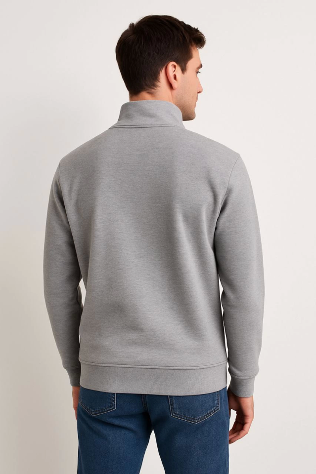 Erkek Dik Yaka Sweatshirt Dik Yaka Yarım Fermuarlı 3 İplik Şardonlu Pamuk Kumaş – Gri