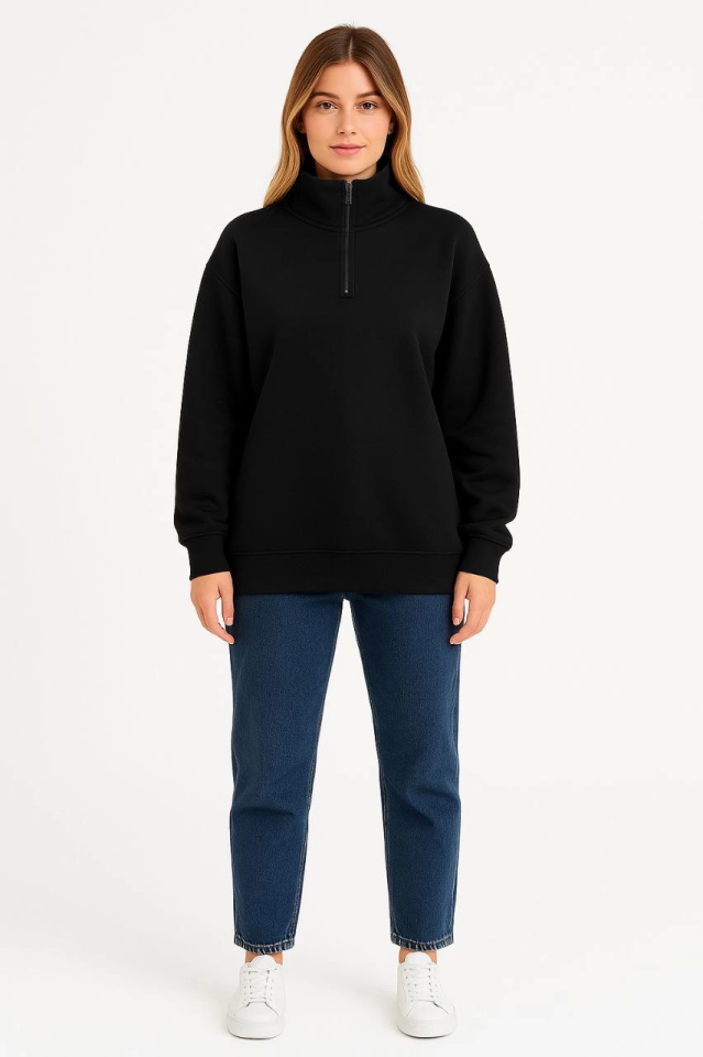 Üç İplik Dık Yaka Yarım Fermuarlı SweatShirt – Siyah