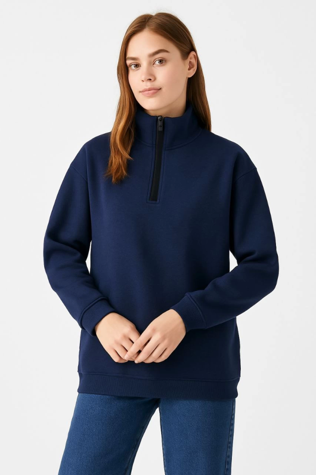 Üç İplik Dık Yaka Yarım Fermuarlı SweatShirt – Lacivert