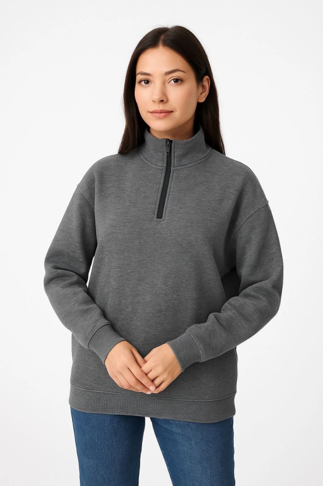 Üç İplik Dık Yaka Yarım Fermuarlı SweatShirt – Antrasit