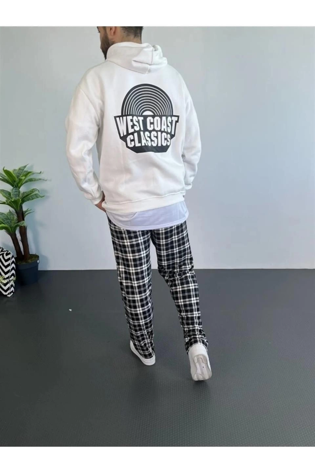 Erkek Oversize Üç İplik Kapüşonlu Sweatshirt – Beyaz Ön Baskılı, Kanguru Cepli, Rahat Kalıp, İçi Pam