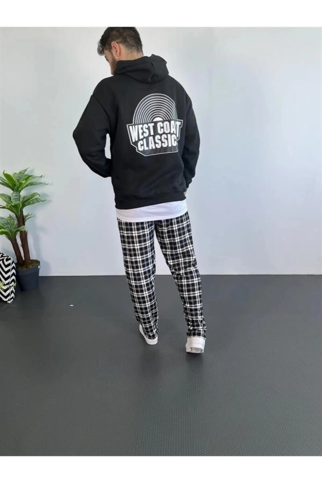Erkek Oversize Üç İplik Kapüşonlu Sweatshirt – Siyah Sırt Ve Ön Baskılı, Kanguru Cepli, Rahat Kalıp,
