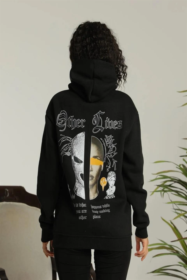 Oversize Üç İplik Kapüşonlu Sweatshirt – Siyah “Other Lives” Ön Ve Arka Baskılı, Şardonlu Kışlık, Ra