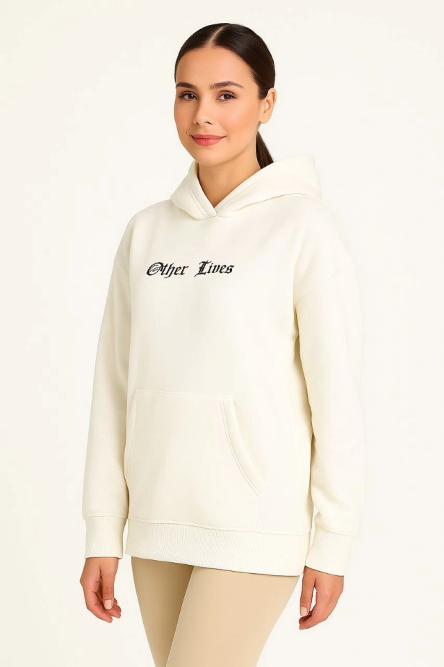 Oversize Üç İplik Şardonlu Kapüşonlu Sweatshirt – Beyaz “Other Lives” Ön Ve Arka Baskılı, Kanguru Ce
