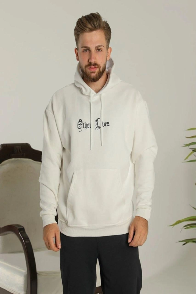 Oversize Üç İplik Şardonlu Kapüşonlu Sweatshirt – Beyaz “Other Lives” Ön Ve Arka Baskılı, Kanguru Ce