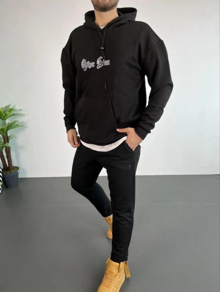 Erkek Kapşonlu Sweatshirt – Oversize Üç İplik Şardonlu Hoodie, “Other Lives” Ön - Arka Baskılı, Kang