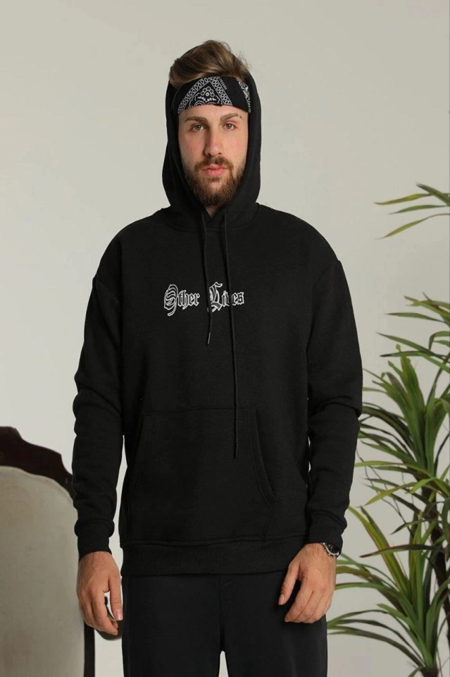 Erkek Kapşonlu Sweatshirt – Oversize Üç İplik Şardonlu Hoodie, “Other Lives” Ön - Arka Baskılı, Kang - Görsel 3
