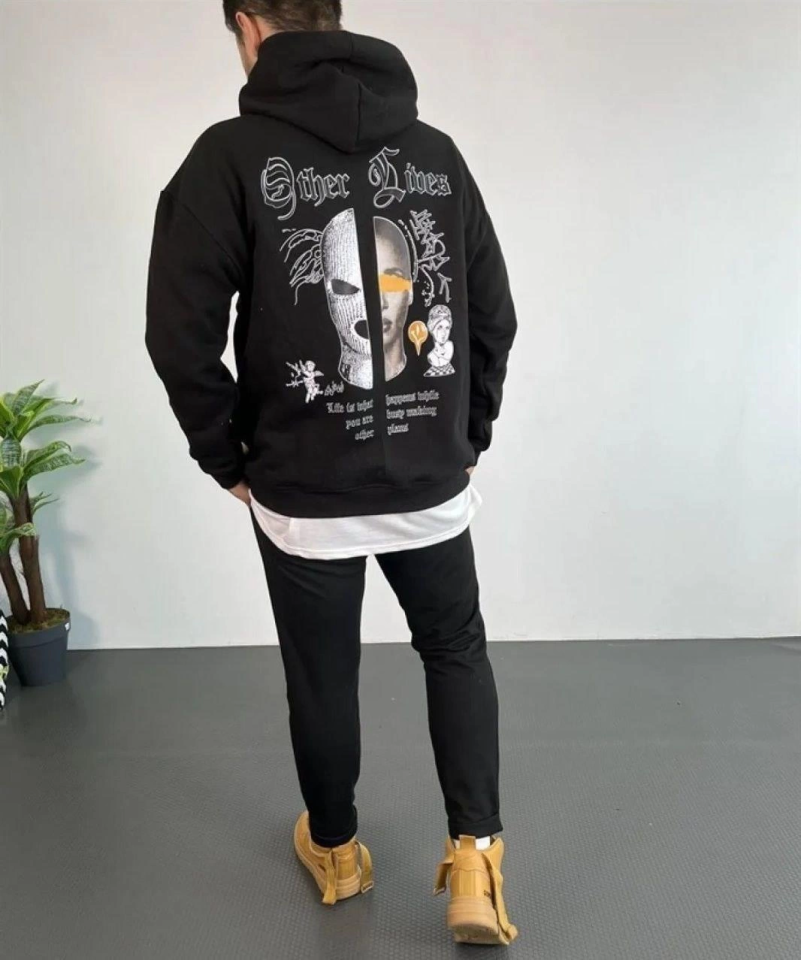Erkek Kapşonlu Sweatshirt – Oversize Üç İplik Şardonlu Hoodie, “Other Lives” Ön - Arka Baskılı, Kang - Görsel 4