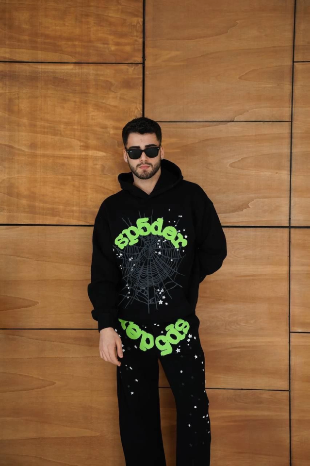 Erkek Kapüşonlu Eşofman Takım Örümcek Ağı Ve Neon Yeşil Baskılı Kanguru Cepli Oversize Rahat Kalıp, - Görsel 3